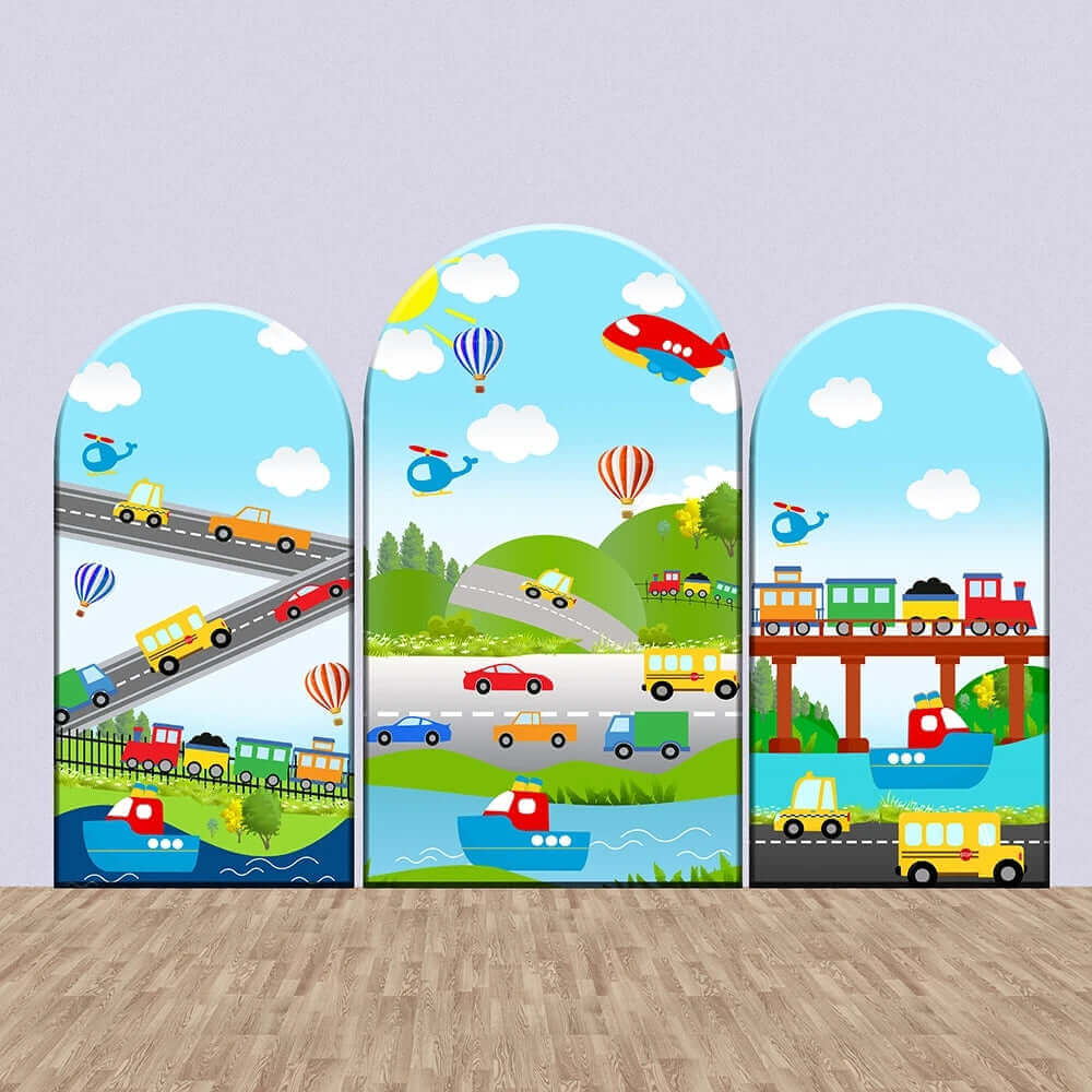 Three-panel transportation-themed arched backdrop set featuring cars, buses, airplanes, hot air balloons, trains, and boats in colorful scenic landscapes, perfect for kids' birthday parties and themed events.