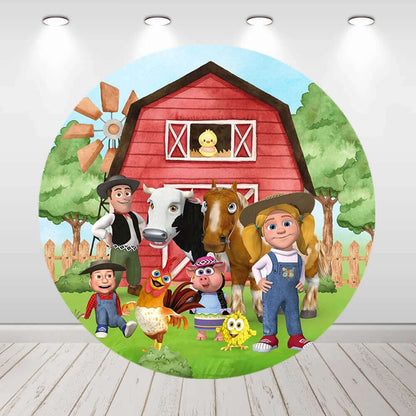 Round farm-themed backdrop featuring La Granja de Zenón cartoon characters, a red barn, farm animals like a cow, horse, pig, rooster, and a bright countryside background, perfect for kids’ parties.