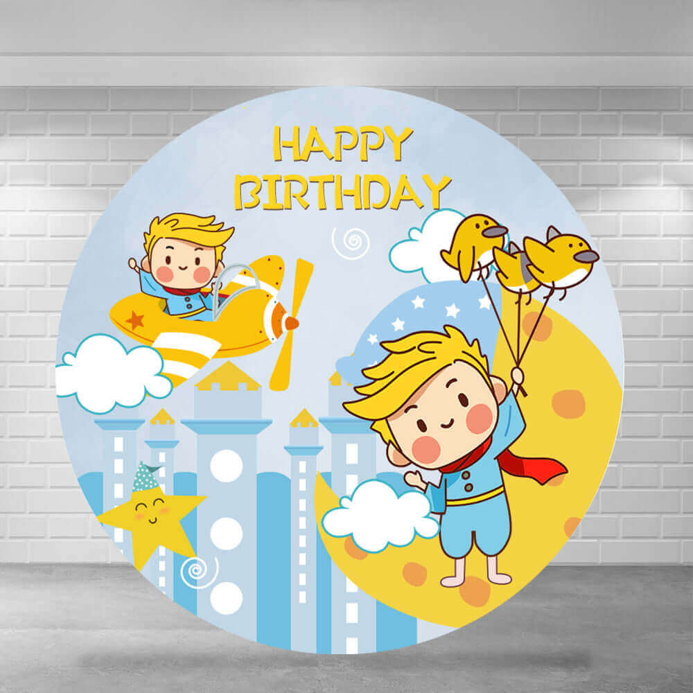 Little prince-themed round party backdrop with a playful boy holding balloons with birds, a yellow airplane, and a whimsical castle.