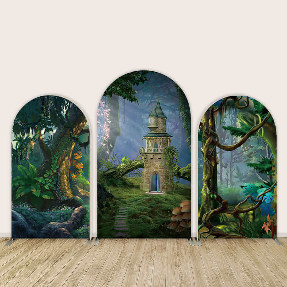 Magic Forest Chiara Arch Backdrop Set with three arched panels featuring a fairytale castle, lush forest, and enchanting woodland scenery.