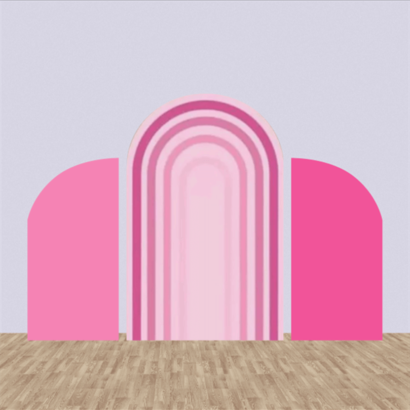 Three-panel pink arch backdrop set featuring a gradient pink rainbow design in the center and two solid pink side panels, ideal for modern event decorations and photo backdrops.