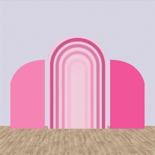 Three-panel pink arch backdrop set featuring a gradient pink rainbow design in the center and two solid pink side panels, ideal for modern event decorations and photo backdrops.