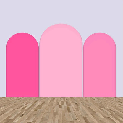 Three-panel solid pink gradient arched backdrop set featuring shades of bright pink, soft pink, and light pink, ideal for weddings, baby showers, and modern event decor.