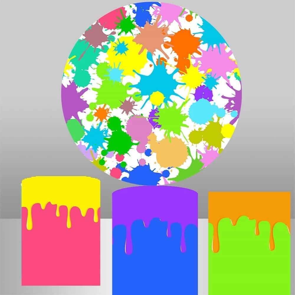 A lively and colorful backdrop featuring a multitude of paint splatters in various vibrant colors, accompanied by three colorful cylinder covers with dripping paint effects, suitable for festive and artistic event decorations.