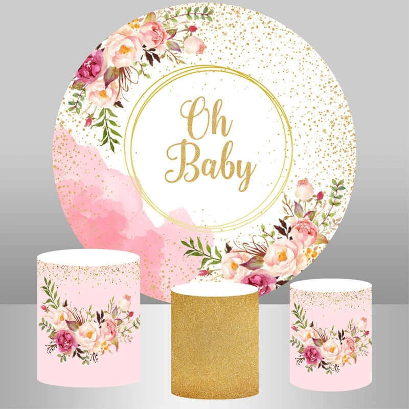 Oh Baby Gold Glitter and Pink Floral-themed party set, featuring a round backdrop and three matching cylinder covers for baby showers and elegant events.