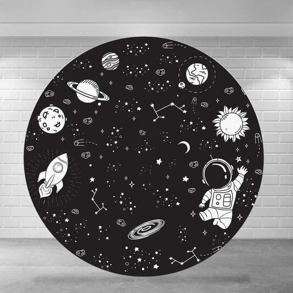 Black space-themed backdrop with white illustrations of planets, stars, constellations, a rocket, and an astronaut floating in the galaxy."