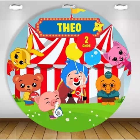 Plim Plim personalized birthday party backdrop featuring a circus tent, Plim Plim with balloons, cheerful animal friends, and customizable name and age section.