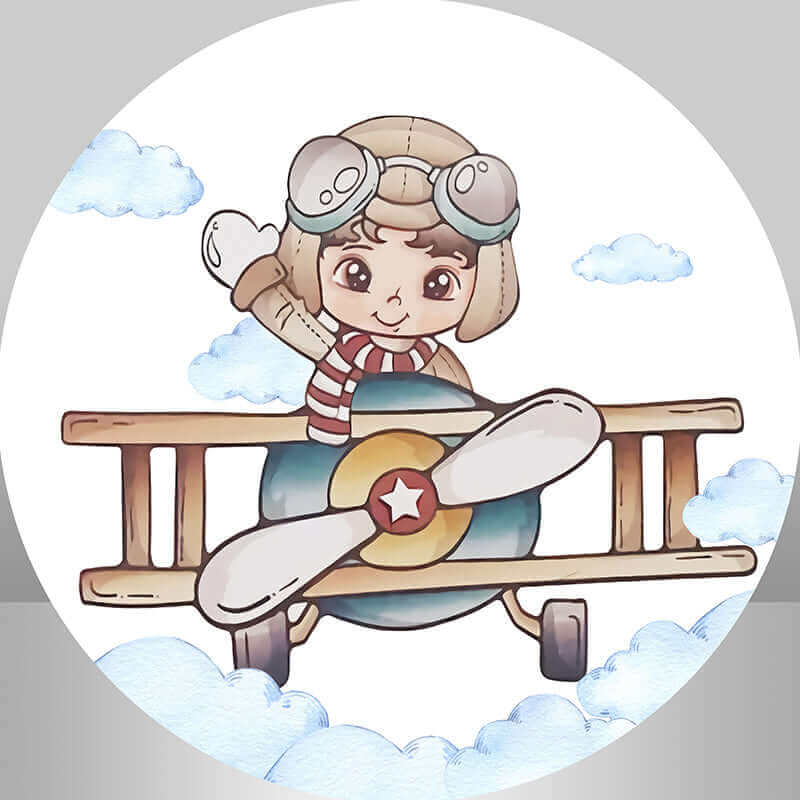 A whimsical cartoon illustration of a young pilot in a vintage airplane surrounded by fluffy clouds. The child wears aviator goggles, a pilot cap, and a red-striped scarf, smiling and waving from the cockpit. The airplane features a wooden frame and a front propeller with a star emblem, creating a playful and adventurous theme.