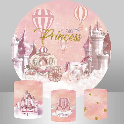 Pink Castle Princess-themed party set, featuring a round backdrop with a fairytale castle and three matching cylinder covers for party decor.