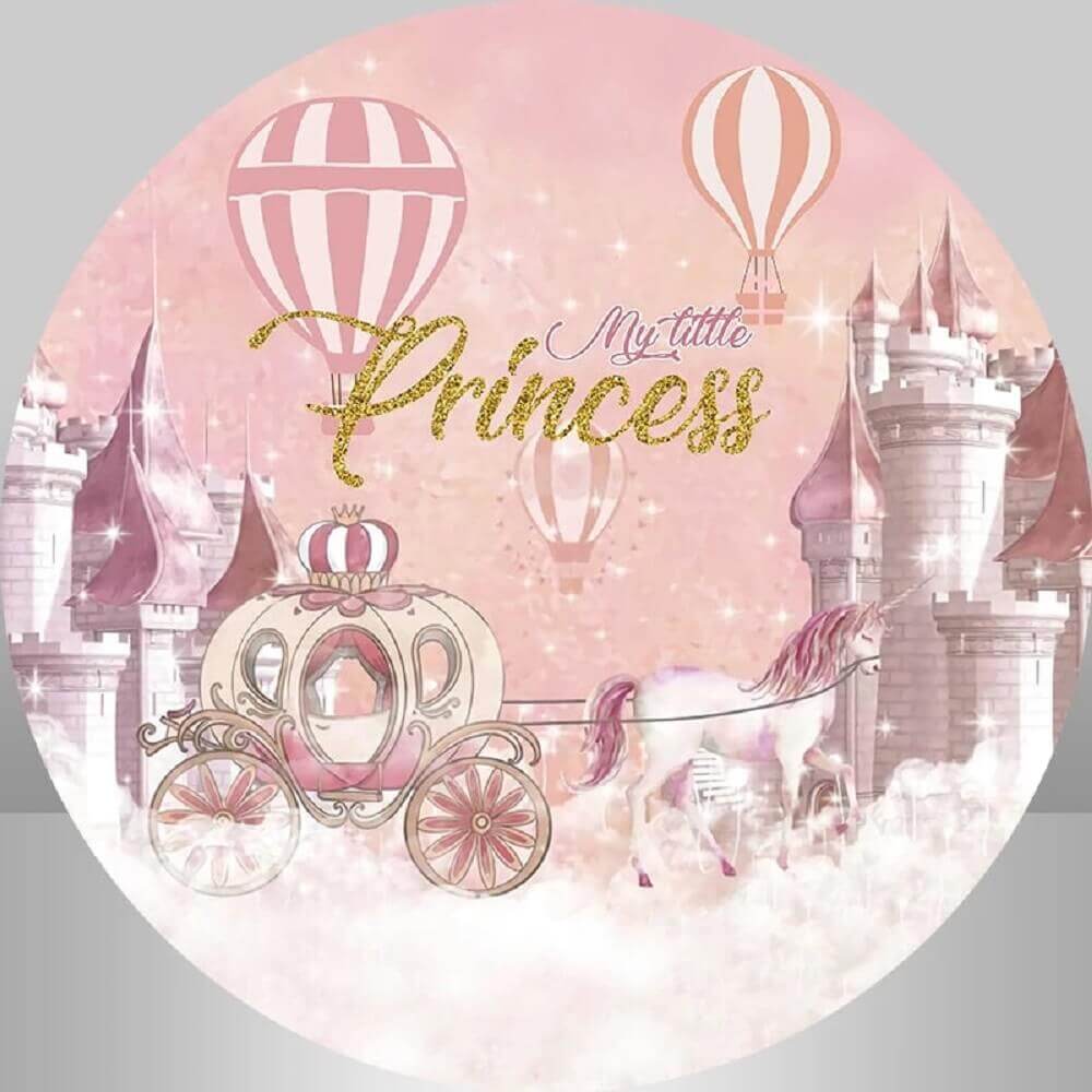 Pink Castle Princess round backdrop with a majestic castle, hot air balloons, a carriage, and the text 'My Little Princess' in glittering gold.