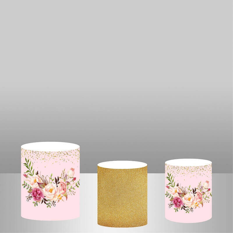 Set of three cylinder covers, including two with pink floral designs and one with gold glitter, complementing the Oh Baby backdrop.