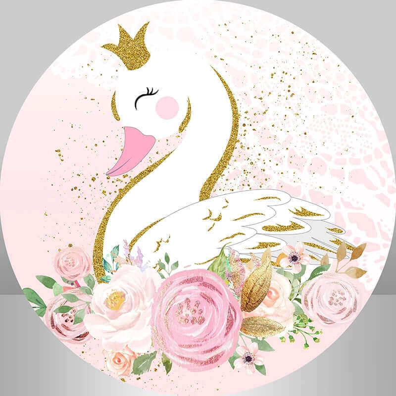 Elegant swan-themed backdrop with a glittering gold swan, floral crown, pink roses, and gold splatter accents on a soft pink background, perfect for princess parties.