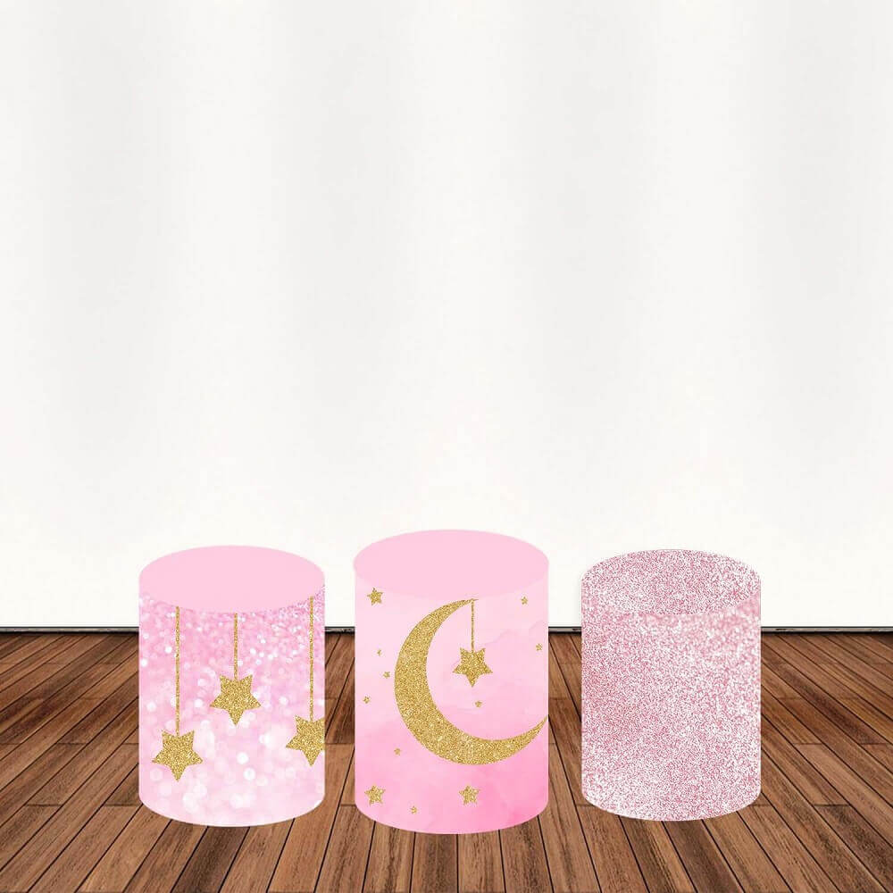 Three plinth covers featuring pink gradients, golden moons, and sparkling stars, designed to complement the "Twinkle Twinkle Little Star" theme for birthdays and baby showers.