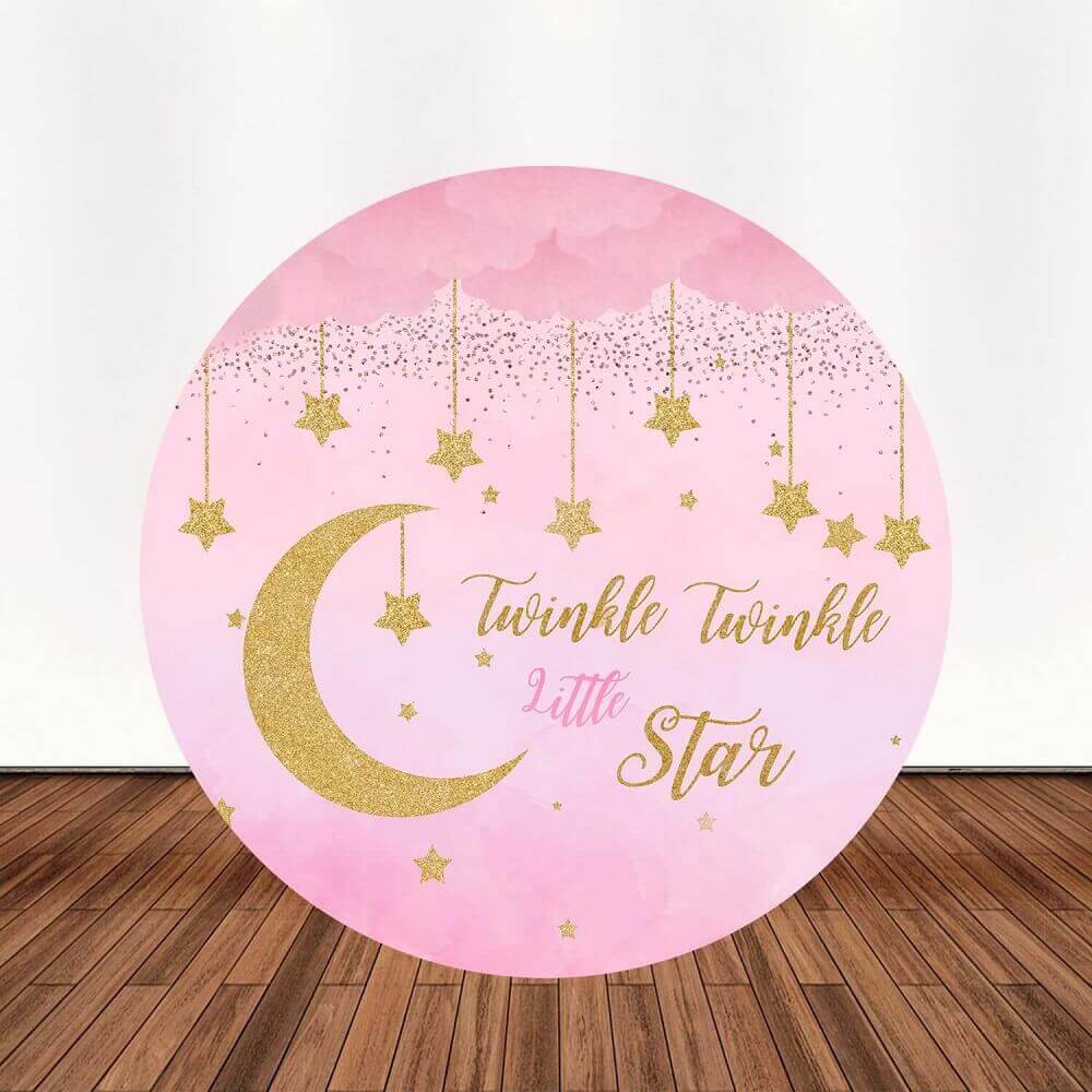 A round pink and gold "Twinkle Twinkle Little Star" backdrop with golden stars, moons, and the phrase “Twinkle Twinkle Little Star,” perfect for girls' birthday parties or baby showers.