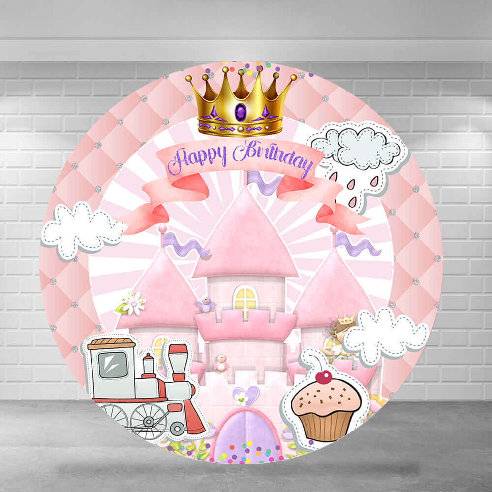 Round pink princess birthday-themed backdrop with a cartoon castle, golden crown, cupcake, train, clouds, and a 'Happy Birthday' ribbon.