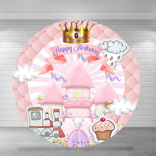 Round pink princess birthday-themed backdrop with a cartoon castle, golden crown, cupcake, train, clouds, and a 'Happy Birthday' ribbon.