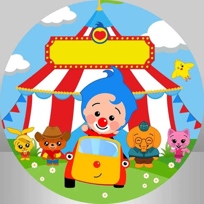 Circus-themed birthday backdrop with Plim Plim in a red car, red-and-white tent, daisies, and colorful bunting.