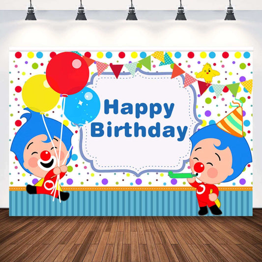 Festive Happy Birthday backdrop featuring the cartoon character Plim Plim holding colorful balloons, alongside bunting, confetti, and cheerful party designs.