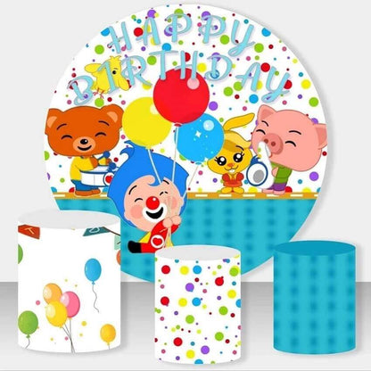 Plim Plim-themed birthday party backdrop featuring Plim Plim the clown with balloons, cartoon animal friends, colorful polka dots, and three matching plinth covers.