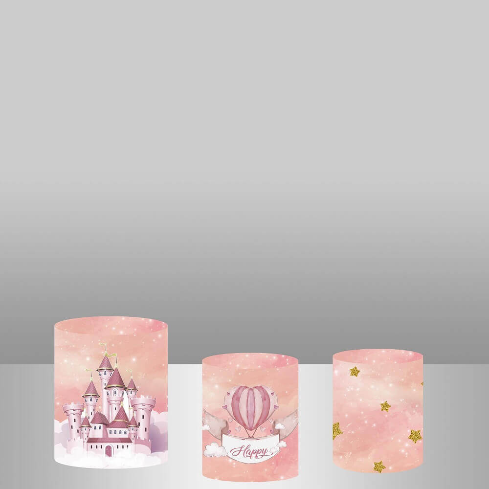 Set of three princess-themed cylinder covers, including designs of a pink castle, a hot air balloon with 'Happy' text, and golden stars on a pink background.