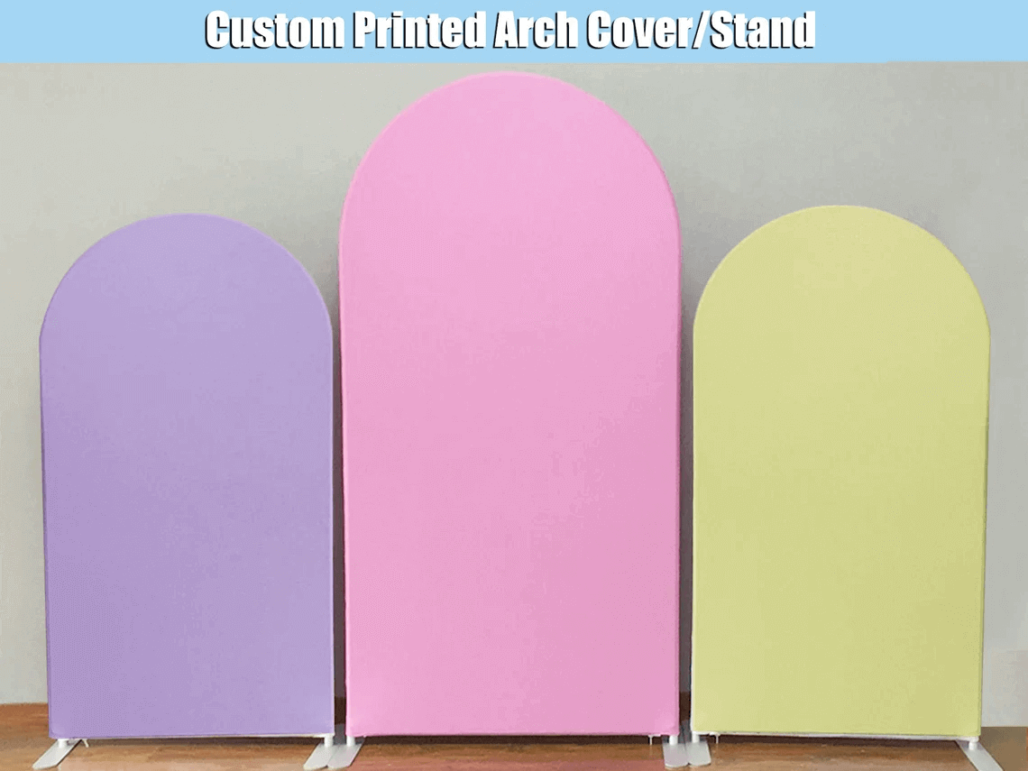 Purple, pink, and yellow arched backdrop set with solid pastel-colored panels on metal stands, ideal for vibrant and modern event decor.