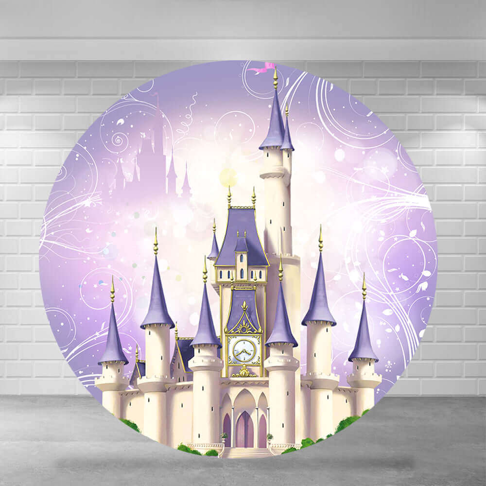 Round purple fairy-tale castle backdrop with elegant gold accents, dreamy swirls, and a soft purple background, ideal for princess-themed events.