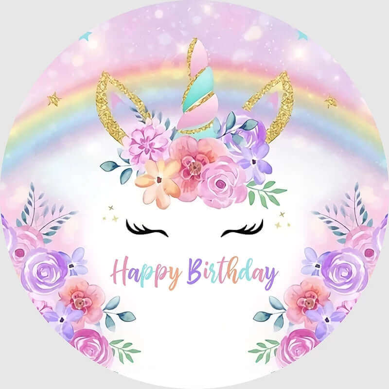 Rainbow unicorn-themed backdrop with pastel florals, a glittering golden unicorn horn, and "Happy Birthday" text, perfect for magical birthday celebrations.