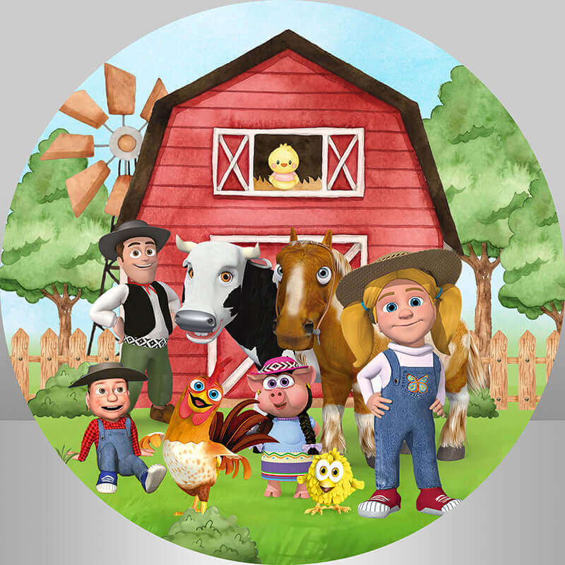 A colorful round backdrop featuring a farm scene with animated characters, including a young girl, a farmer, a cow, a horse, a chicken, a pig, and a duckling. The background shows a red barn with a windmill, green trees, and a wooden fence, creating a cheerful and lively farm atmosphere.