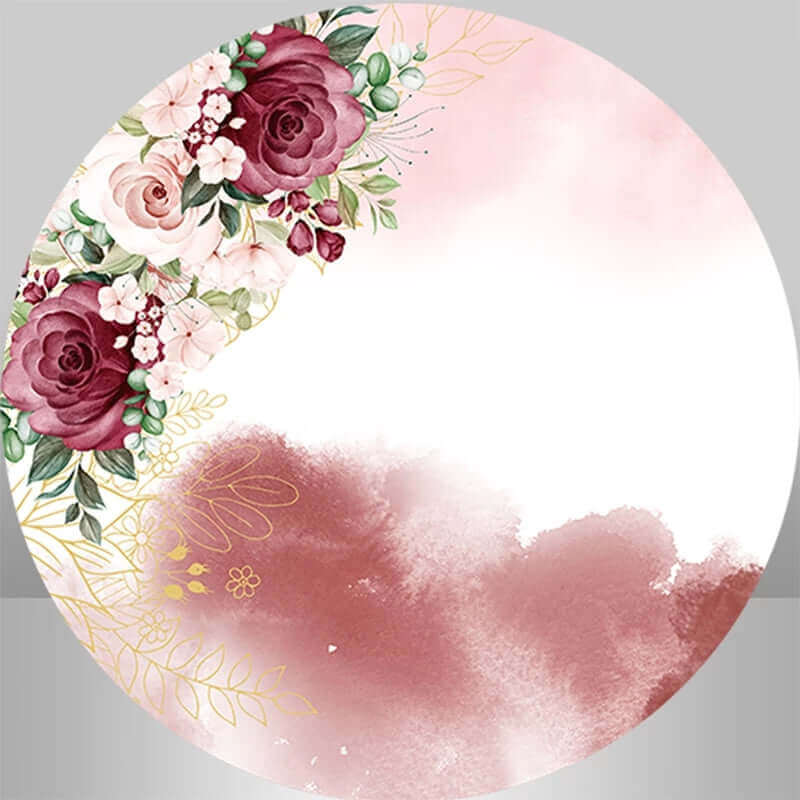 Round wedding backdrop with burgundy roses, blush flowers, golden accents, and a watercolor burgundy and pink background, perfect for romantic events.