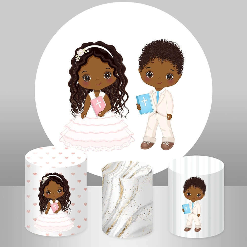 Round religious-themed backdrop featuring a boy and girl dressed for baptism or first communion, holding bibles, with three matching cylinder covers.