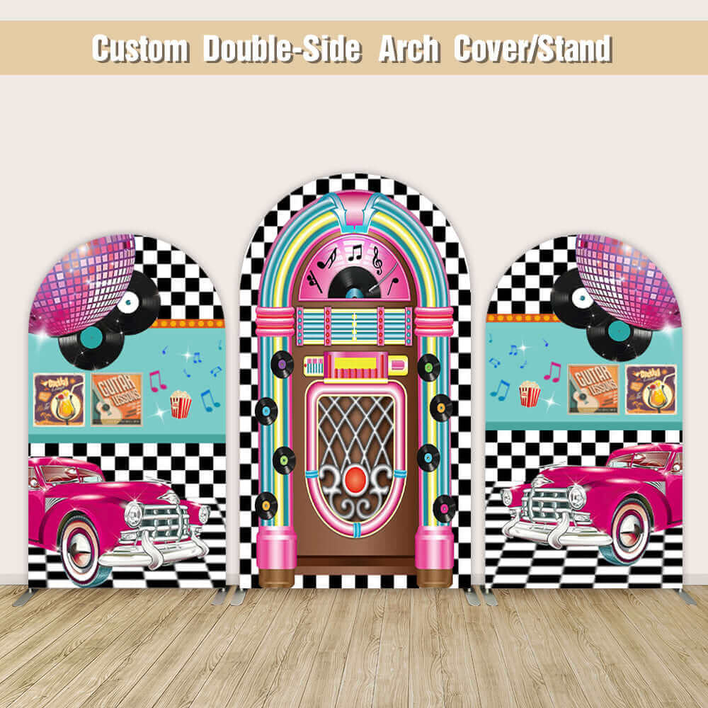 Set of three 50s-themed arched backdrops featuring a jukebox, classic pink cars, vinyl records, and disco balls with a black and white checkered pattern, ideal for retro party decorations.