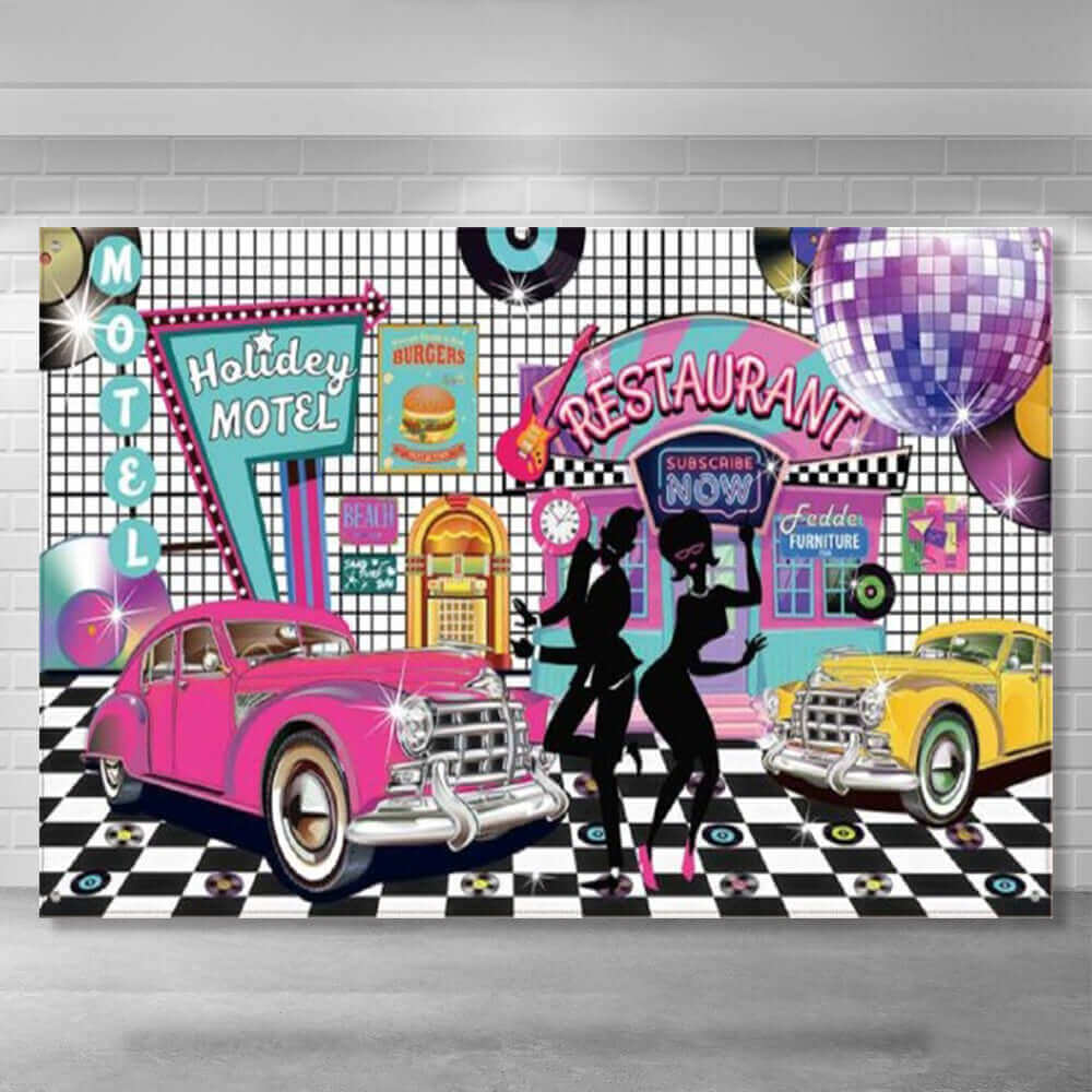 50s-themed party backdrop featuring a retro diner, neon motel sign, classic pink and yellow cars, dancing silhouettes, a jukebox, disco balls, and a checkered dance floor.