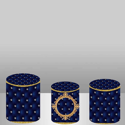 Set of three royal blue tufted plinth covers with gold detailing, designed to complement Little Prince-themed party decor.