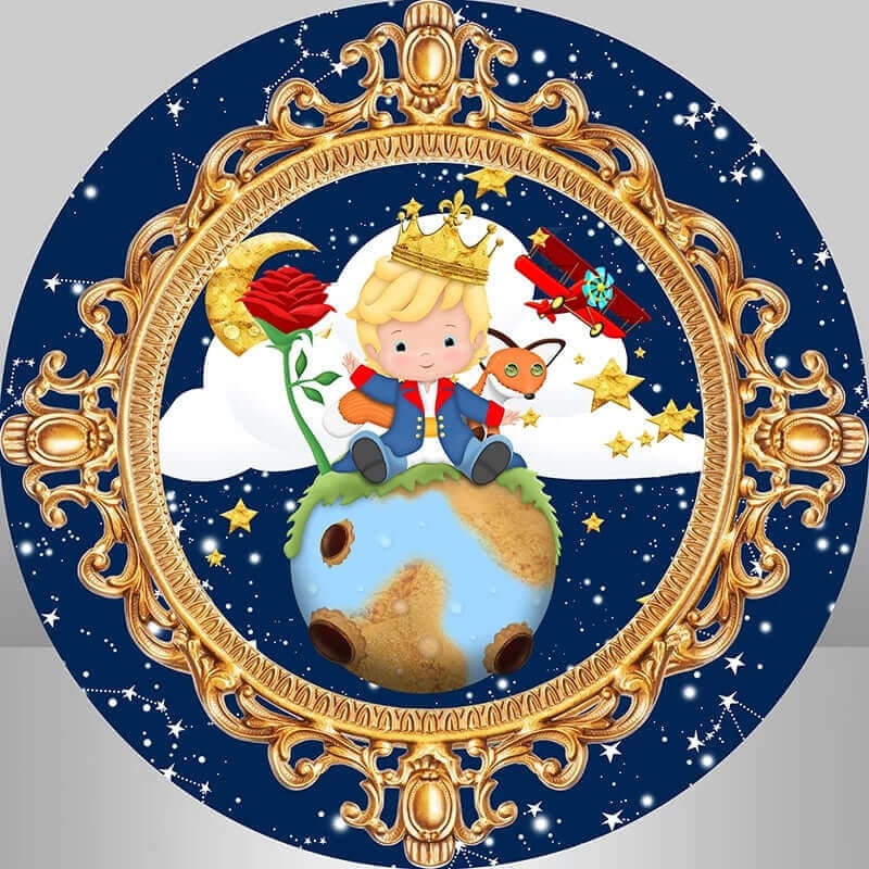 Royal Little Prince-themed round backdrop featuring a golden ornate frame, a little prince on a planet, and a starry night sky in deep blue, perfect for royal celebrations.