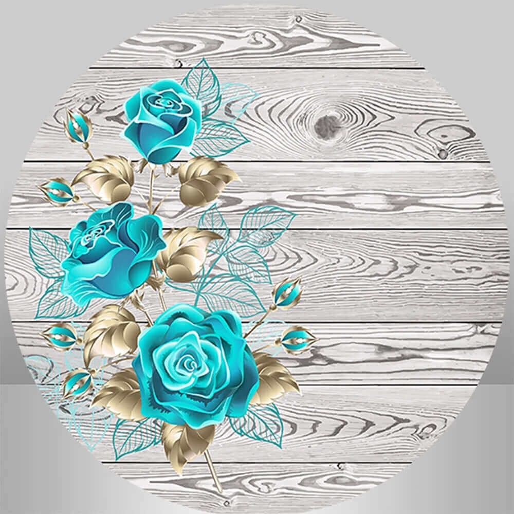 A round rustic-themed backdrop showcasing blue roses and gold accents on a weathered wooden background, perfect for elegant events or rustic celebrations.