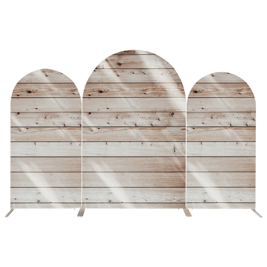 Three-piece wooden plank arched backdrop set with a natural rustic design, perfect for weddings, barn parties, and outdoor events.