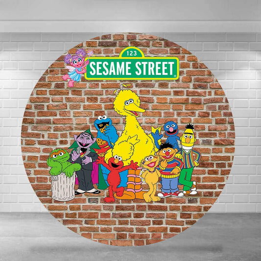 Sesame Street round backdrop cover featuring Big Bird, Elmo, Cookie Monster, and other characters against a brick wall design, ideal for kids’ parties and events.