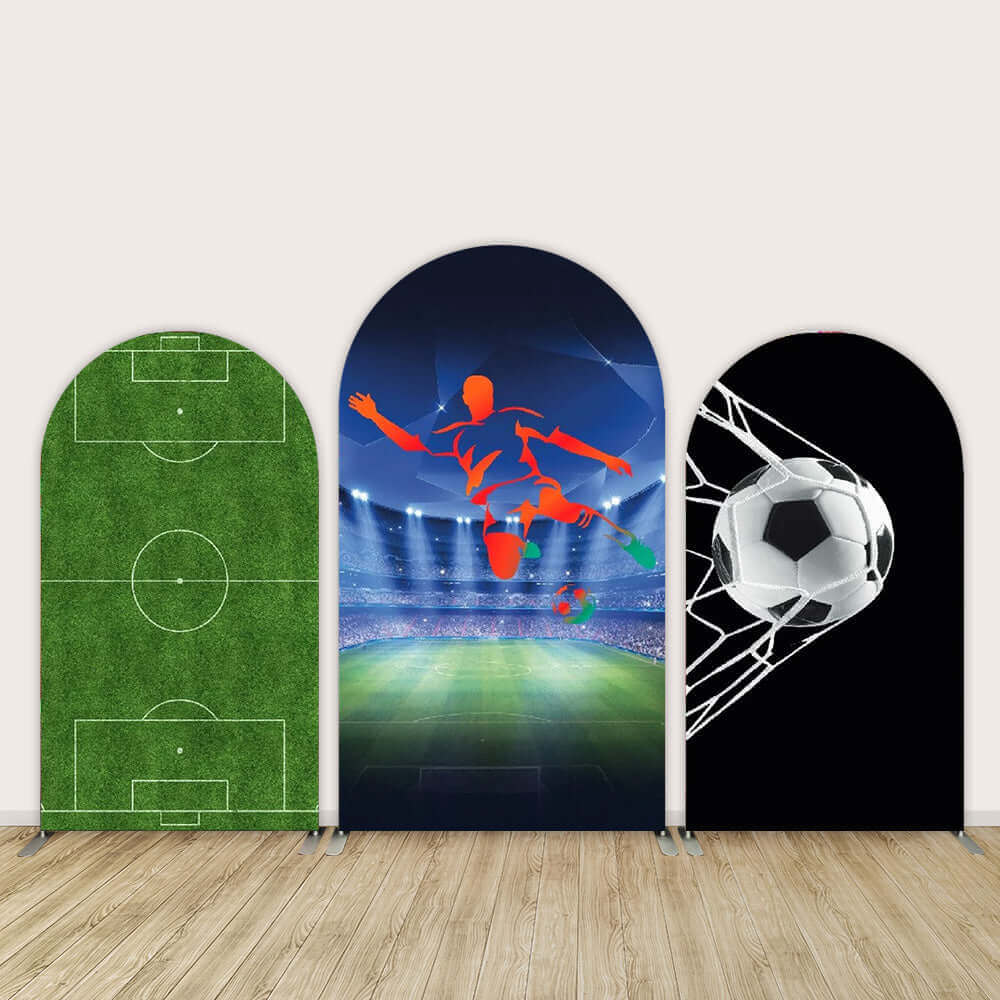 Soccer-themed arch backdrop set featuring a football field, a soccer player silhouette in a stadium, and a soccer ball in the net.