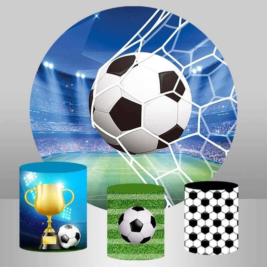 Round soccer sports field backdrop with a soccer ball in the net, accompanied by three cylindrical covers with soccer-themed designs, including a trophy, grass, and hexagonal patterns.