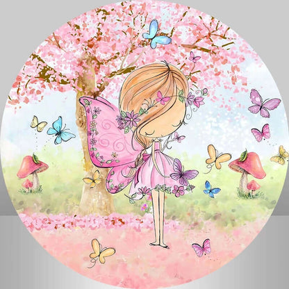 Round watercolor fairy-themed backdrop with a pink-winged fairy surrounded by cherry blossoms, butterflies, and mushrooms in a magical garden setting.