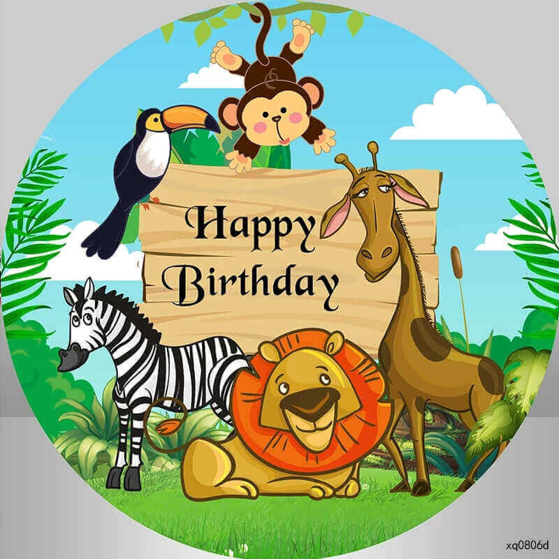 Colorful jungle-themed round backdrop featuring cartoon animals such as a lion, zebra, giraffe, monkey, and toucan with a "Happy Birthday" banner, ideal for kids’ birthday parties.