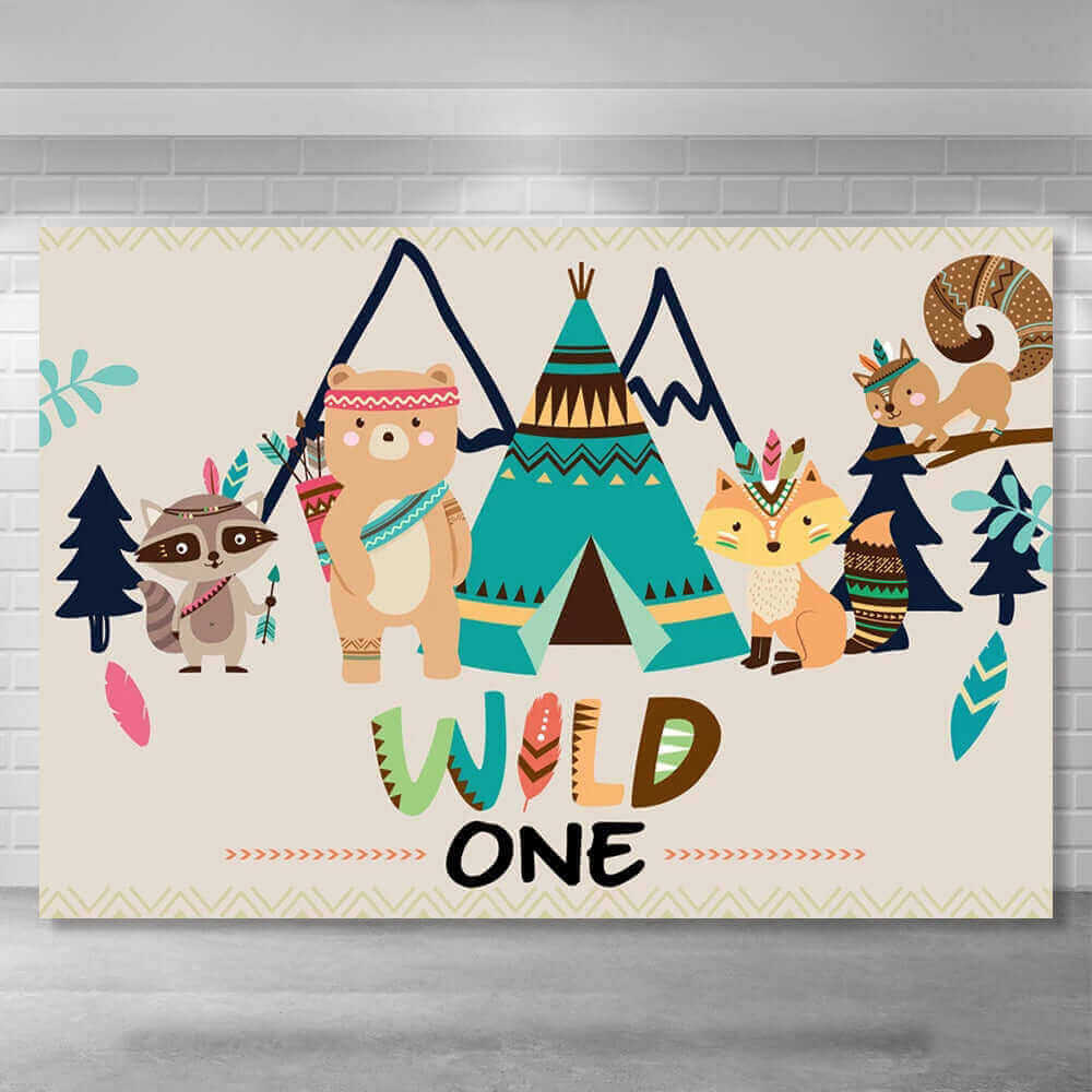 Wild One-themed woodland birthday party backdrop with tribal-style fox, bear, raccoon, and squirrel illustrations, tipi tent, pine trees, mountains, and feather decorations, ideal for tribal-themed celebrations.