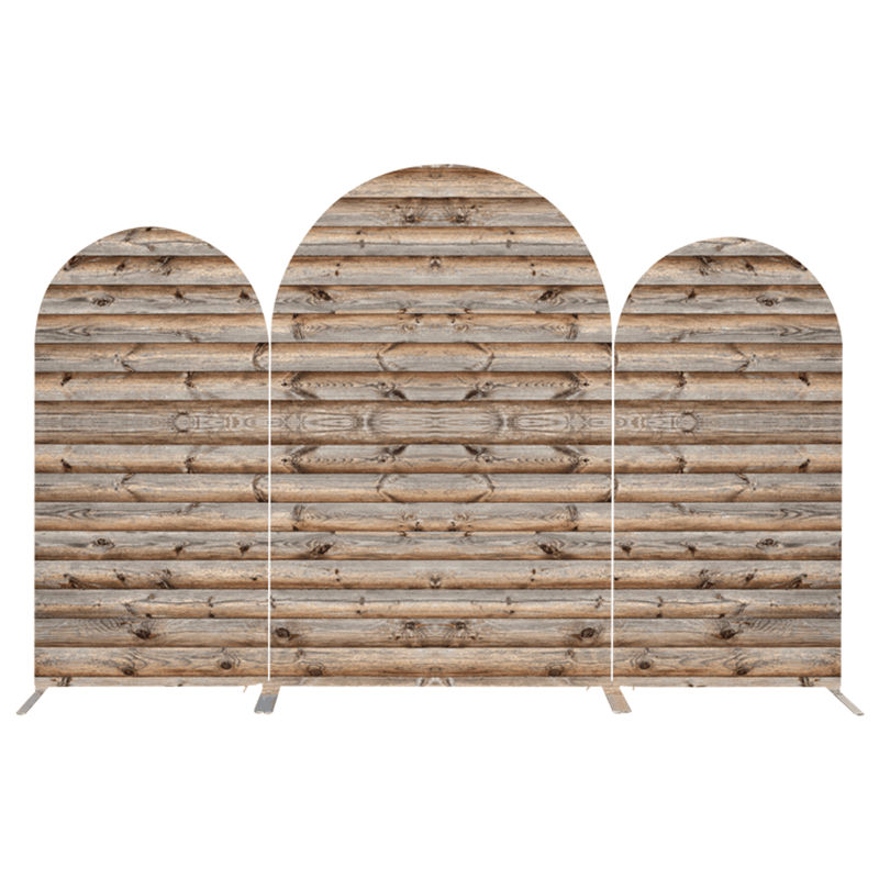 Rustic wood-themed three-piece arched backdrop featuring a realistic wooden log wall design, perfect for weddings, events, and farmhouse-style decor.